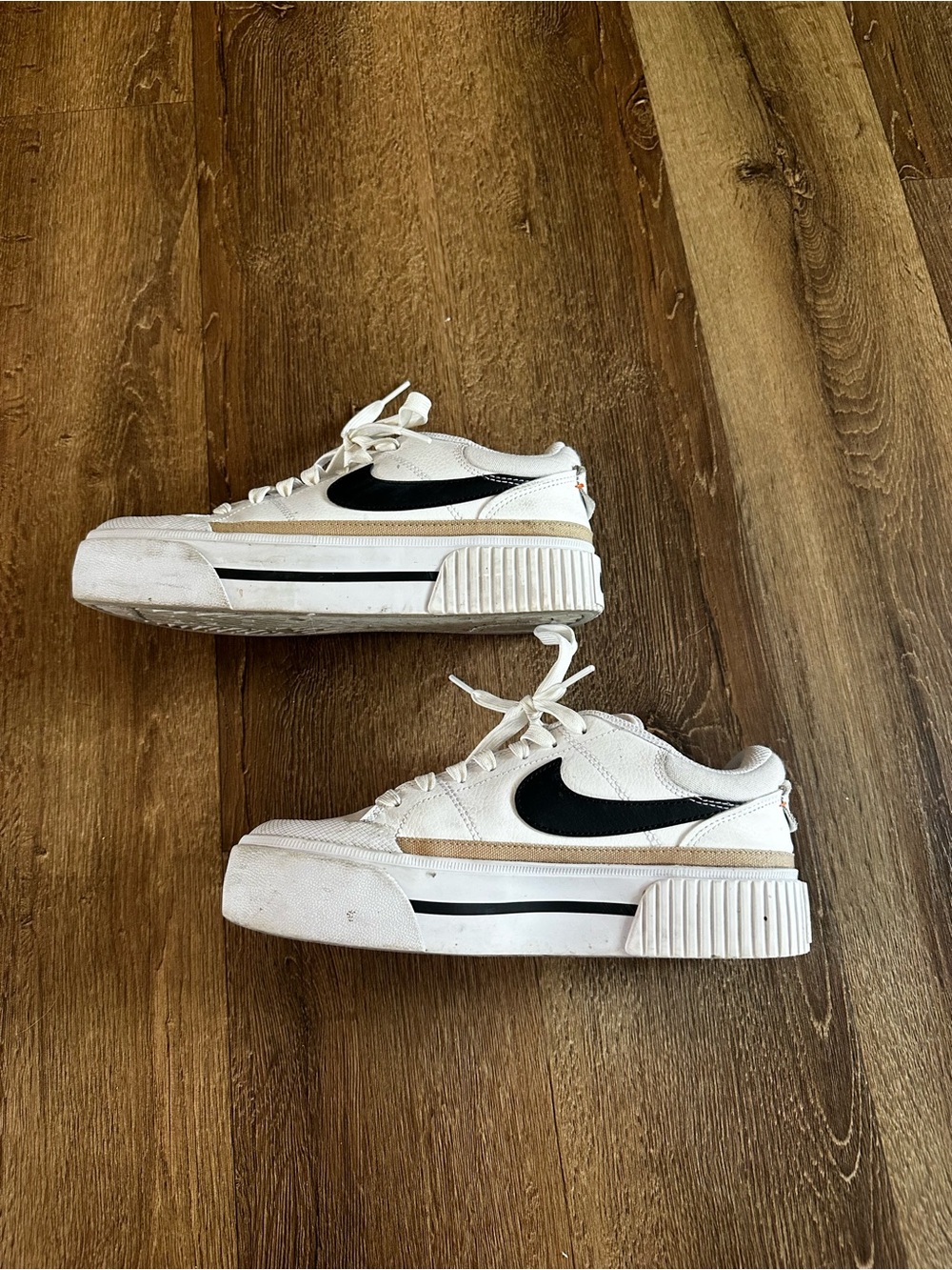 Nike Court Legacy Lift White Sneakers with Black Swoosh and Tan Stripe - Picture 3 of 8